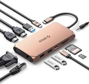 Docking Station USB C to Dual HDMI Adapter, ORICO 12 in 1 USB C Hub with Dual HDMI, VGA, 100W PD, Ethernet, 2 USB-A 3.1, 1 USB 2.0, 1 Type-C 3.1, SD/TF, Audio, Compatible for Windows/Mac OSRose Gold Docking Station USB C to Dual HDMI Adapter, ORICO 12 in 1 USB C Hub with Dual HDMI, VGA, 100W PD, Ethernet, 2 USB-A 3.1, 1 USB 2.0, 1 Type-C 3.1, SD/TF, Audio, Compatible for Windows/Mac OSRose Gold