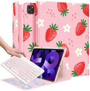 Uppuppy for iPad Air 11 inch Case 2024 - Air 5th/4th Generation 10.9, Pro 11 Case with Keyboard Pencil Holder Tablet Cover Folio Women Cute Girls Kawaii Strawberry for iPad Air 11 2024 (M2), Pro 11
