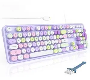 MOFII Colorful Computer Keyboard Wired, Cute Full Size Keyboard Typewriter Style, USB Keyboard with Foldable Stands for Windows, Laptop, Desktop, PC (Purple Colorful)
