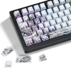 XVX Shine Through Keycaps - Double Shot PBT Keycaps 60 65 75 100 Percent, Side Print Key caps Custom 131 Keys Set, Dye Sub Wave of Kanagawa Key caps for Mechanical Keyboards, White