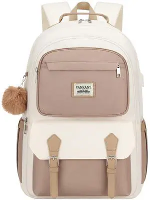 VANKANY School Backpack for Teen Girls, Aesthetic Schoolbag for Middle School High School, Cute Laptop Bookbag for College Women Students Mochilas Niñas, Khaki Beige
