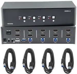 KVM Switch 2 Monitors 4 Computers,HDMI 4k@60Hz KVM Switch with 4xUSB 3.0 Cable and 3.5mm Audio,4 Computers Share One Set of Leyboard, Mouse and Monitors,Supports Windows/Mac/Linux, Plug-and-Play