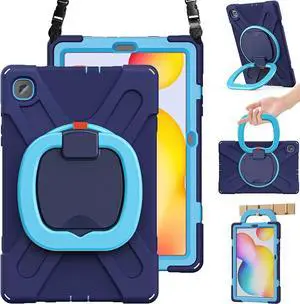 PboyiqiS Case for Galaxy Tab S6 Lite 10.4" 2024/2020/2022 (SM-P620/P625/P610/P615/P613/P619), Heavy Duty Protective Case with S Pen Holder&360 Degree Swivel Stand&Hand Strap&Shoulder Strap (Navy+Blue)