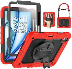 SEYMAC Case for iPad Air 11 Inch M3 2025/M2 2024 (Air 7th/6th Generation), Heavy Duty Shockproof Protective Case with Screen Protector, Rotating Stand and Hand/Shoulder Strap, Red