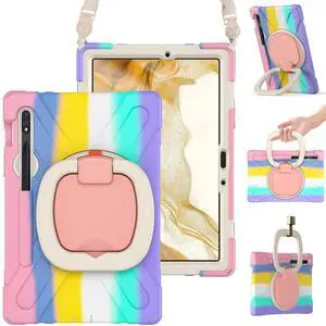 BRAECN Case for Galaxy Tab S9/S8/S7 11 Inch SM-X710/X700/T870, Rugged Silicone Cover with Stable Kickstand, S Pen Holder, 360°Rotating Handel Grip, Shoulder Strap for Galaxy Tab S9 2023, Colorful Pink