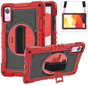 YOUULAR Tablet Case for Xiaomi Redmi Pad SE 11.0 inches, Tablet Shockproof Cover with 360° Rotating Stand and Wrist Strap, Shoulder Strap Large Red+Black