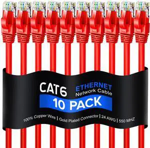 Maximm Cat 6 Ethernet Cable 6 Ft, 100% Pure Copper, (10 Pack) LAN Cable, Patch Cable and Network Cable - UTP (Red) 6 Feet