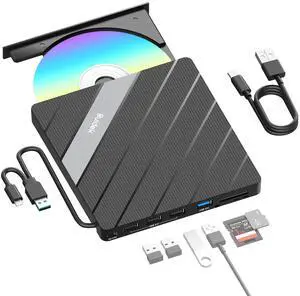 SUIDEK External CD DVD Drive USB C USB 3.0, Portable CD DVD +/-RW Burner DVD Player for Laptop 8 in 1 Hub with SD/Micro SD Card Reader Compatible with Laptop Mac PC Windows Linux
