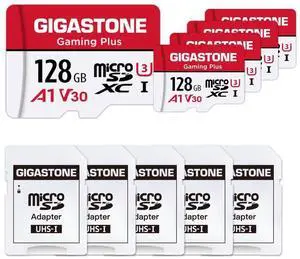 GIGASTONE Micro SD Card 128GB 5-Pack, Gaming Plus, MicroSDXC Memory Card for Nintendo-Switch 1, Security Camera, Dash Cam, UHS-I U3 A1 Class 10, up to 100MB/s, with MicroSD to SD Adapter