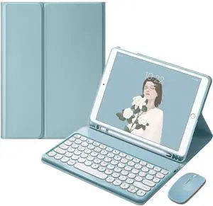 Keyboard Case for iPad Air 13 Inch Case (M3 2025/M2 2024)/iPad Pro 12.9 (6th, 5th, 4th, 3rd Gen) with Pencil Holder, Cute Round Key Detachable Keyboard Mouse Combo, Sky Blue