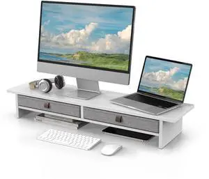 Fenge Monitor Stand with Drawer, 2 Tiers Dual Monitor Riser for Desk, 35 Inch Computer Stand for 2 Monitors, Desk Shelf for Home, Office, Laptop, PC, TV, Printer