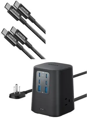 Anker Charger Cable, New Nylon USB C to USB C Cable (3.3ft, 2Pack) Charging Station (100W), 9-in-1 USB C Power Strip with 300J Surge Protection