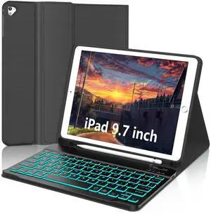 for iPad 9.7 inch case with Keyboard, iPad 6th Gen (2018), 5th Gen (2017), Air 2,1 (2014), 7 Color Backlit, Detachable Wireless Bluetooth Keyboard, Slim & Light Folio Cover with Pencil Holder,black