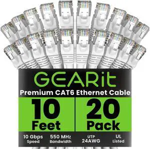 GearIT Cat 6 Ethernet Cable (20-Pack 10 Feet) Cat6 Network Patch, 10Gbps, RJ45, Snagless Cord, Gold-Plated Connectors, Internet for PC, TV, Tablet, Router, Printer, Servers, IT Data Center - White