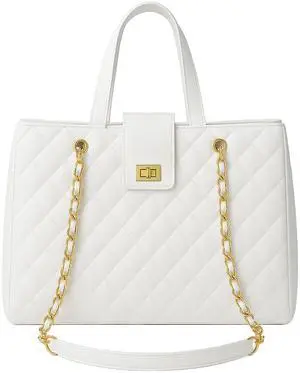 Quilted Laptop Bag for Women, 15.6 inch PU Leather Shoulder Purse Tote Business Office Messenger Casual Handbag (White)