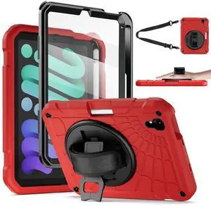 Stweap for iPad mini 7 A17 Pro/iPad mini 6 8.3 Inch Case, iPad mini 7th/6th Generation Case (2024/2021) with Pencil Holder/Kickstand, Hand Strap/Shoulder Strap,Red+Black