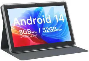 Android 14 Tablet 7 inch Tablets with Case, 8GB RAM 32GB ROM 1TB Expand, Quad-Core Processor Tablet PC, 1024 x 600 IPS Screen, Dual Camera, 3000mAh Battery, Bluetooth, WiFi, GMS, Widevine L1, Black