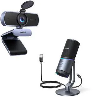 UGREEN 2K Webcam, Webcam for PC Ultra HD 1080P Computer Camera with Microphone Bundle with Microphone for PC, USB Mic with RGB Lights, Mute Button, 24bit/96kHz, Cardioid Polar Pattern