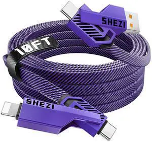 SHEZI [Upgraded 2.0] 4-in-1 Long USB C Cable 60W 10FT Fast Charging [480Mbps Data Sync] Flat Nylon Braided Charger Cord Combo, USB A/C to C/L Multi Charge Cable for iPhone/iPad & Most Devices, Purple