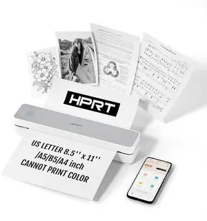 HPRT Portable Thermal Printer for Travel, Inkless Printer Support 8.5" X 11" US Letter & A4 A5, Bluetooth Wireless Printer Compatible with iOS, Android, Laptop for Car, Office, Outdoor, School, White
