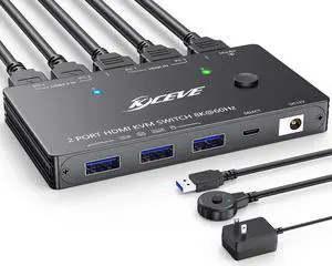 KCEVE HDMI2.1 KVM Switch 8K@60Hz 4K@120Hz, KVM Switch for 2 Computers Share 1 Monitor and 3 USB 3.0 Devices, HDCP 2.3, HDR 10, with Wired Remote and USB3.0 Cables