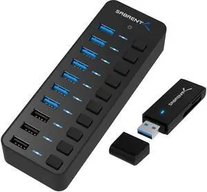 60W 10 Port USB 3.0 Hub Includes 3 Smart Charging Ports with Individual Power Switches and LEDs and 60W 12V/5A Power Adapter+USB 3.0 Micro SD and SD Card Reader