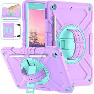 Fingic for iPad 9th/8th/7th Generation 2021/2020/2019(10.2 inch)[360° Rotating Kickstand]4 Layer Heavy Duty Military Grade Shockproof Rugged Protective Full Body Cover for iPad 9 8 7 Gen,Purple+Green