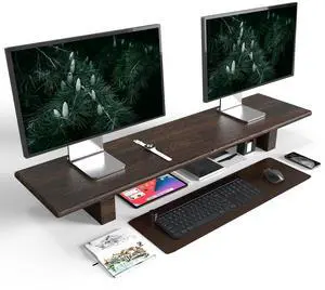 "WEGASTU Solid Wood Rustic Desk Monitor Stand with StorageLarge Dual Monitor Stand Riser for Laptop Computer/TV/PC/Printers, Perfect Desktop Stands Organizer with Underneath Storage for Office