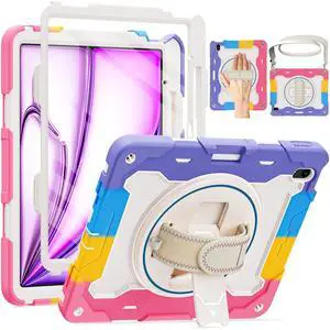 ROSROME for iPad Air 13 Inch Case M3 2025 / M2 2024 with HD Screen Protector, Shoulder Strap, 360 Stand, Hand Strap, Pen Holder [ Kids Friendly] Heavy Duty Shockproof Drop Protection