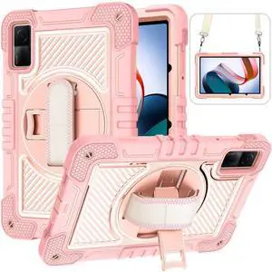 YOUULAR Tablet Case for Xiaomi Redmi Pad 10.61 inches 22081283G, Tablet Shockproof Cover with 360° Rotating Stand and Wrist Strap, Shoulder Strap Pink Gold