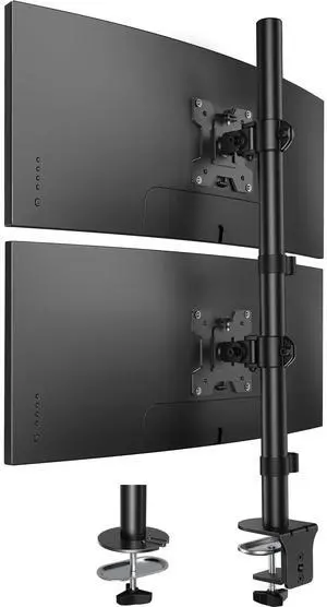 HUANUO Vertical Dual Monitor Mount, Stacked Monitor Stand for 2 Monitors with Height Adjustment Computer Monitor Arm Supports Two 17 to 32 Inch with C Clamp Each Desk Mount Hold up to 17.6lbs