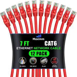 Maximm Cat 6 Ethernet Cable - 7 ft (12-Pack), High-Speed LAN, Internet, Patch, and Network Cable - UTP, 10Gbps, 550MHz Ethernet Cord - Red