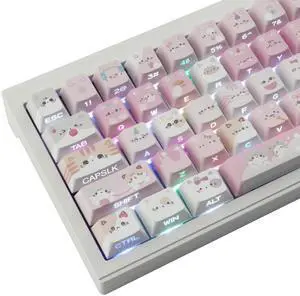 TYRIXKI PBT Keycaps - Side Printed Keycap Set,136 Keys Shine Through Meow Meow Squad Custom Cat Keycaps, Cherry Profile Keyboard Keycaps for Cherry MX Switches Mechanical Keyboards