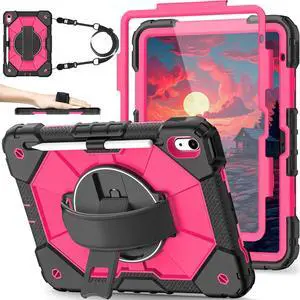 Nitupai Case for iPad 10th Generation 10.9 Inch 2022 / iPad A16 Case 11 Inch 2025 with Screen Protector 10th Gen Cover for Kids Pencil Holder 360° Rotating Stand Shoulder Strap, Black Pink