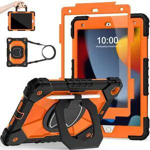 Scnioy Case for iPad 9th Generation iPad Case 9th 8th 7th Generation iPad 10.2 Inch iPad 9th Gen Cover with Screen Protector Pen Holder Duty Cases for Kids 360° Rotating Stand, Black Orange