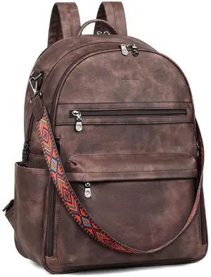 FADEON 15.6 inch Laptop Backpack Purse for Women Designer PU Leather Computer Backpacks Fashion for Work Travel Coffee Brown