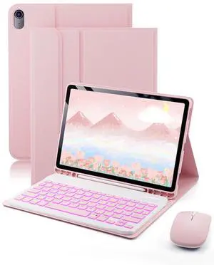 TUNKARMOR for iPad A16 11th / 10th Generation Case with Backlit Keyboard - 7 Color Change for iPad 10th Gen 2022 & 11th Gen 2025 A16 10.9/11 inch Cover - Built-in Pencil Holder with Mouse - Pink