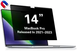 LUSA DESIGN Privacy Screen for MacBook Pro 14 Inch (2021-2023, M1, M2, M3) - A2918 A2992 A2442 A2779, MagicSuction Removable Anti Spy Black Protector, Glare Blue Light Filter for Mac Laptop Computer