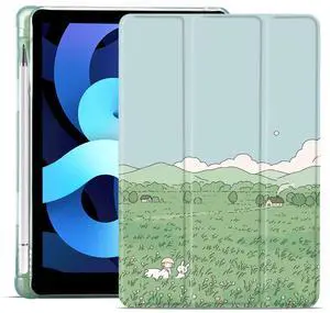 MAYCARI Cartoon Rabbit Flower Case for iPad 10.2 inch 2021/2020/2019 with Pencil Holder, Cute for iPad 9th/8th/7th Generation Protective Case with Soft TPU Green, Auto Sleep/Wake Cover Slim Shell
