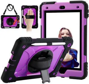 for iPad 9th/8th/7th Generation Case,iPad 10.2 Case 2021/2020/2019, with Cute Key Chain, Rugged Protective Case with 360°Rotating Stand & Shoulder Hand Strap & Pen Slot for 10.2 Inch (Black+Purple)