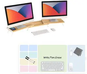loukin 17.32"*9.84" Dual Monitor Stand Riser for Desk Length Natural | 32"x14" Erasable Dry Erase Desk Mat