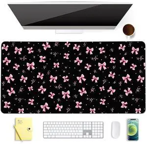 BlHMCASE Cute Pink Bow Black Extended Gaming Keyboard Mouse Pad, Non-Slip Leather Home Office Desk Mat Protector, Laptop Desk Pad Writing Pad