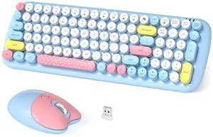 Dilter Wireless Keyboard and Mouse Combo, Typewriter Retro Keyboards with Cute Cat Shaped Wireless Mouse, 2.4 GHz USB Receiver Plug and Play for Windows, PC, Laptop, Desktop (Blue Colorful)