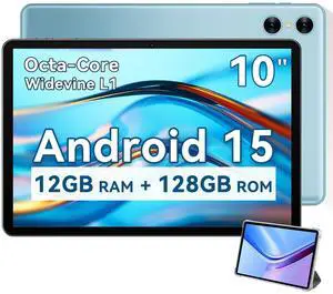 Android Tablet 10 Inch, 2025 Android 15 Tablet for Kids Adults, Octa-Core, 12GB RAM 128GB Storage 1TB Expandable, Dual Cameras 8MP 2MP, Split Screen, 6000mAh GPS Dual Speakers Face Unlock WiFi- Blue