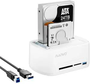 MAIWO Dual-Bay SATA Hard Drive Docking Station with Offline Clone for 2.5 & 3.5-inch, USB 3.0 HDD/SSD Dock with CF/SD Card Reader, Support 2 * 24TB, White