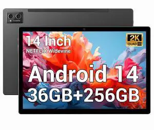POWMUS Tablets 2025 14 inch Android 14 Tablet, 36GB RAM, 256GB Storage(Expand to 1TB), 2K Display, 8 Core CPU, 11580mAh Battery,4 Speakers, WiFi 5GHz Tablet with Pen Case-Black