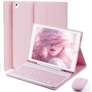 Keyboard Case for iPad 9.7 inch, iPad 6th Generation (2018), iPad 5th Gen (2017), iPad Air 2 (2014), - Mouse and Detachable Keyboard for iPad Pro 9.7, Slim Case with Pen Holder, Auto Sleep/Wake-Pink