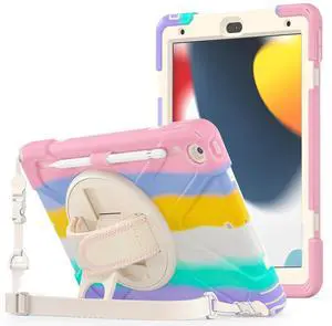 ProCase Rugged Case for iPad 9th/ 8th/ 7th Generation 10.2" (2021/2020/2019), Heavy Duty Shockproof Protective Cover with Strap for iPad 9/8/7 -Colorfulpink