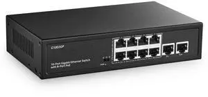 YuLinca 10 Port Gigabit PoE Switch, 8 Port Gigabit PoE+ and 2 Gigabit Uplink, 10/100/1000Mbps, IEEE802.3af/at Max 120W, Metal Fanless Unmanaged Plug&Play Ethernet Switch