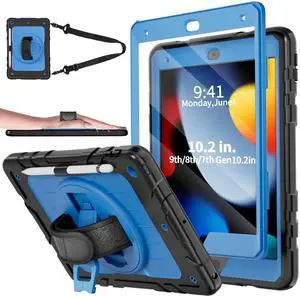 Stweap Case for iPad 9th/8th/7th Generation-Built-in Screen Protector,with Pencil Holder&360°Rotating Hand Strap,Shoulder Strap,Case for iPad 10.2 inch 2021-2019(Black/Sky Blue)
